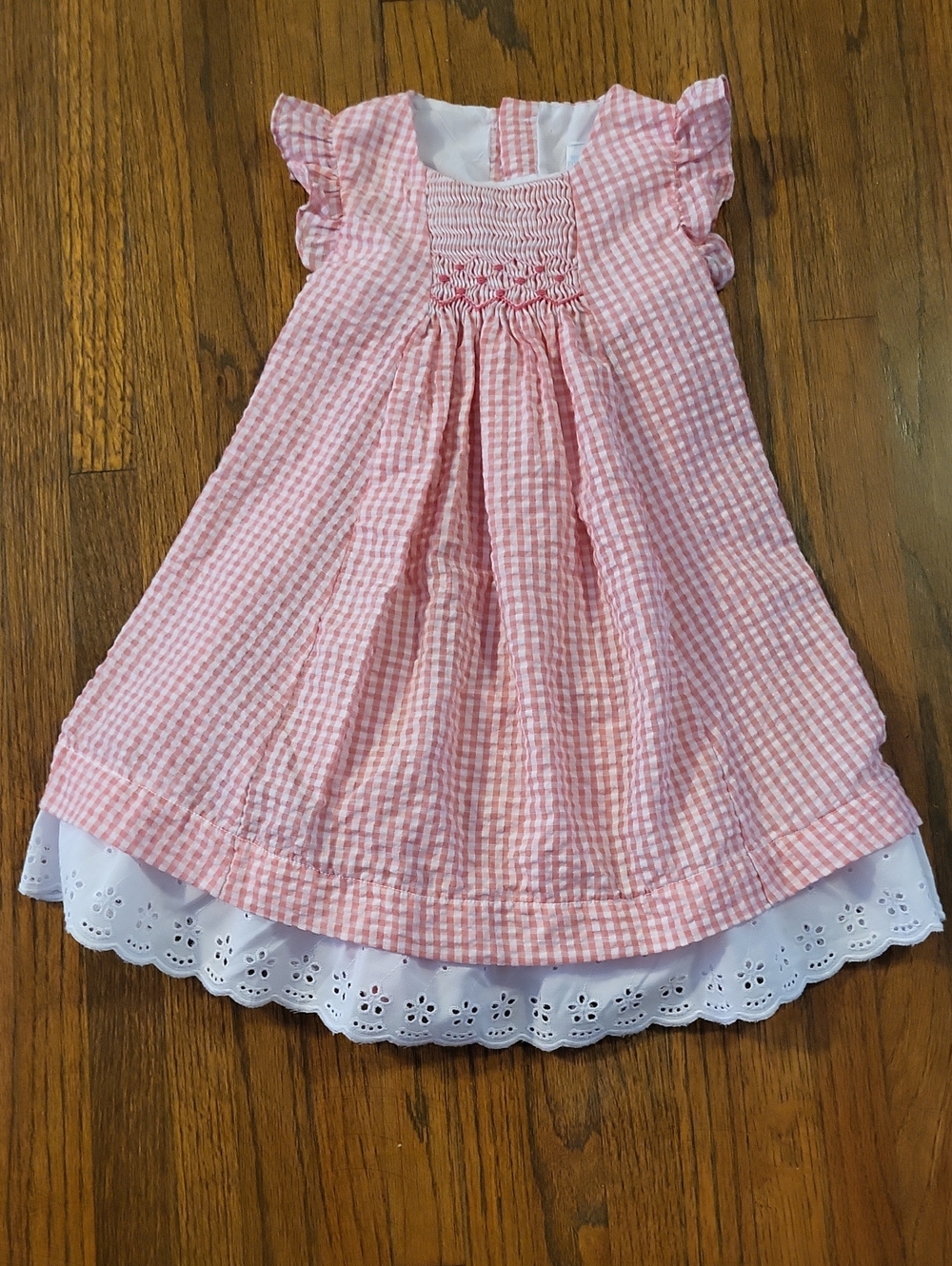 Edgehill Collection Pink Gingham Smocked Flutter Dress with White Eyelet Trim